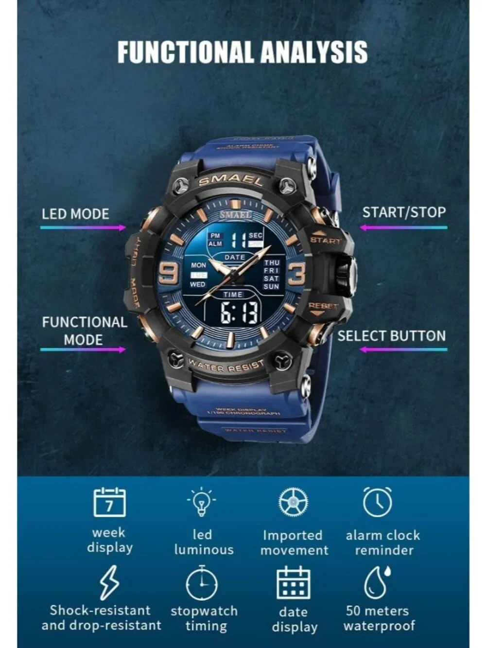 Men's Black Purple Analog Luminous Waterproof LED Electronic Digital Wrist Watch